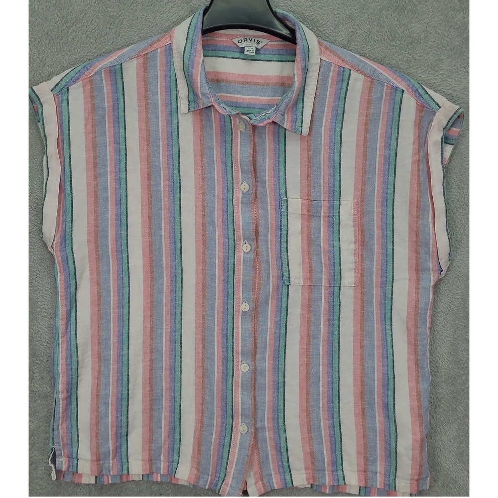 ORVIS Women Striped Linen Blend Short Sleeve Button‎ Up Shirt Top L G